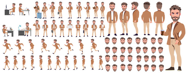Man Character design. Front, side, back view and explainer animation poses. Character set with lip sync and facial expressions of Happy, angry, sad, Joy with Side walk cycle animation sequence sprite 