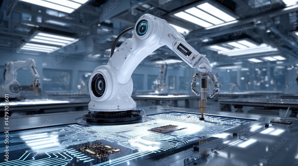 Poster ai-powered robotic arm assembling electronic components in a futuristic clean lab, cool ambient ligh