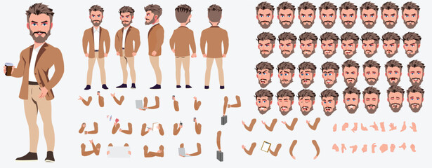 Man Character design. Front, side, back view and explainer animation poses. Character set with lip sync and facial expressions of Happy, angry, sad, Joy with Side walk cycle animation sequence sprite 