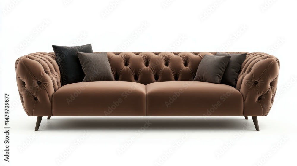 Poster a modern sofa in the color of mocha mousse with a capitone back. white background.