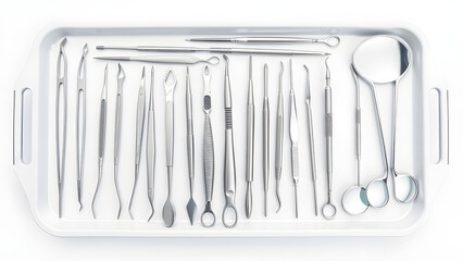 Complete set of professional dental instruments arranged on white background, symbolizing oral healthcare, clinical equipment, dentistry tools, and modern tools used in dental diagnostics and procedur