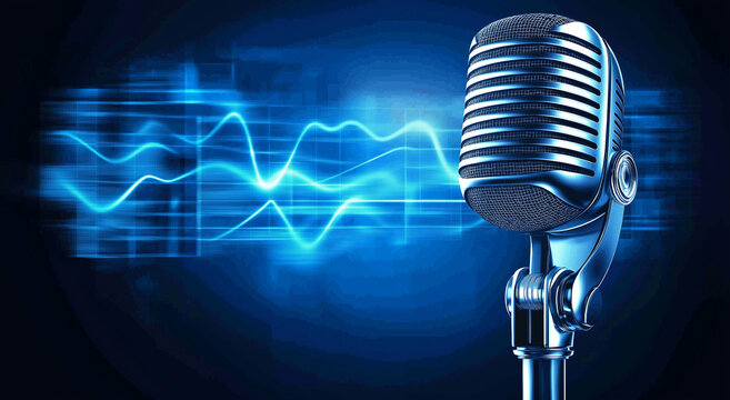 microfone com forma de onda em fundo azul, conceito de banner de podcast