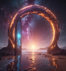 Ethereal cosmic waves distort a shimmering gateway, vibrant energy pulses ,  galaxy,  radiation