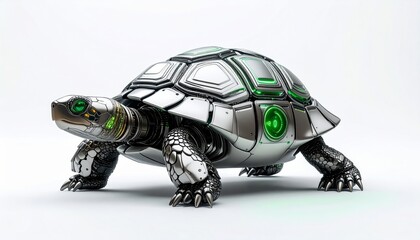 Metallic Robot Turtle with Green Lights on White Background