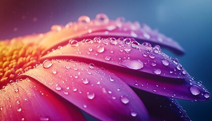Macro of misty water droplets settling on a vibrant flower petal soft atmospheric lighting creating a dreamy aesthetic fresh morning theme