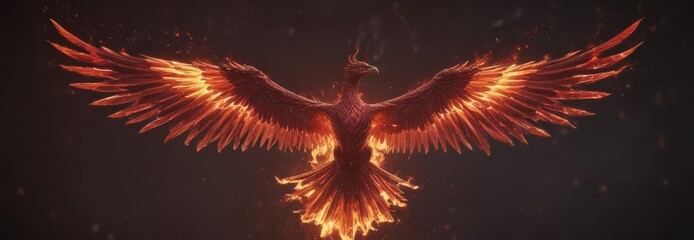 Crimson flames form a phoenix, wings outstretched, cosmic backdrop,  firebird,  red