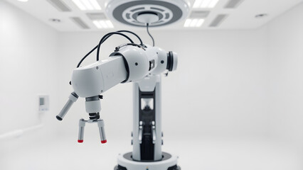 Advanced surgical robot mounted under ceiling system in modern operating room, symbolizing precision robotic-assisted surgery, sterile surgical technology, and innovation in minimally invasive healthc