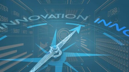 Central compass rose floating in holographic room, showing data panels and glowing innovation HUD - Powered by Adobe