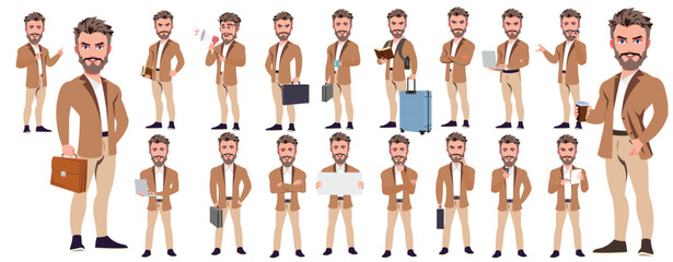 Man Character design. Front, side, back view and explainer animation poses. Character set with lip sync and facial expressions of Happy, angry, sad, Joy with Side walk cycle animation sequence sprite 