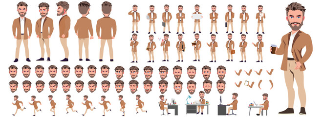 Man Character design. Front, side, back view and explainer animation poses. Character set with lip sync and facial expressions of Happy, angry, sad, Joy with Side walk cycle animation sequence sprite 