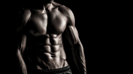 Fototapeta premium Fit male torso in low light with dramatic shadows emphasizing six-pack and oblique muscles, black background