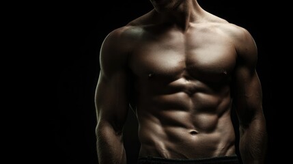 Fototapeta premium Fit male torso in low light with dramatic shadows emphasizing six-pack and oblique muscles, black background