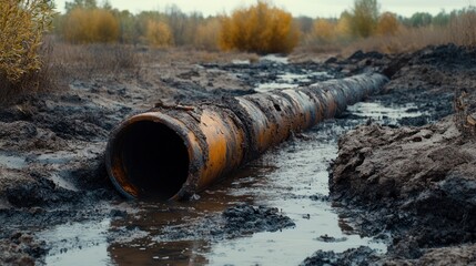 Rusty pipeline in muddy ditch, surrounded by autumn foliage.  Muddy water flows alongside
