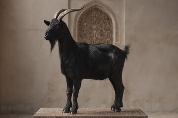 Black goat standing on a platform in an ornate interior.