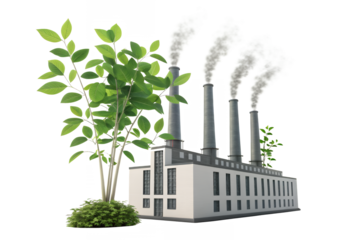 Factory emitting smoke with greenery in front suggesting environmental impact on transparent background