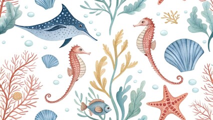 watercolor seamless pattern seahorse stingray seas