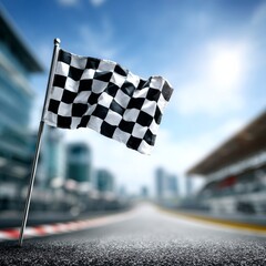 Victory at the Racetrack: A Checkered Flag Waving on the Asphalt with a Cityscape Backdrop Under a Bright Blue Sky