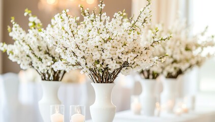 Elegant white floral arrangements in vases, soft lighting,  a festive setting.  Several small white blossoms on branches,  in simple white vases,  on a white table. Soft light suggests a celebration