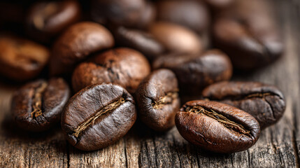Naklejka premium Macro View of Roasted Coffee Beans Showing Variety and Texture on Wood Grain.
