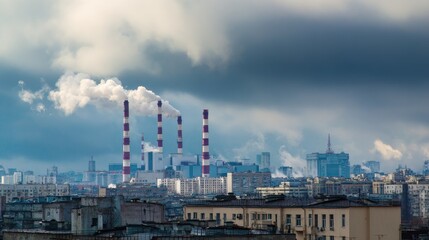 Industrial skyline with chimneys of a thermal power station towering above rooftops, cloudy sky backdrop