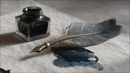 Ink-stained feather lying beside a tipped-over glass inkwell, ink spilling on parchment paper