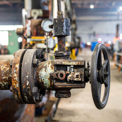 Industrial closeup of an aged, heavily corroded pipe valve in a factory setting. Symbolizes decay, neglect, or the passage of time. Perfect for backgrounds, textures,  conceptual art.
