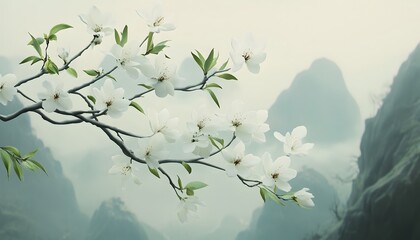 Misty mountain backdrop of delicate blossoms in spring.