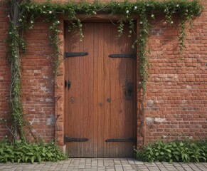 Rustic red brick wall, weathered wooden door, climbing vines , shabby chic, plant