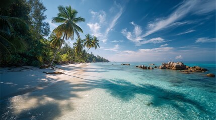 Fototapeta premium Lush tropical island beach with crystal-clear turquoise water, palm trees casting long shadows, golden sunlight glinting across gentle waves, vibrant sky with wispy clouds