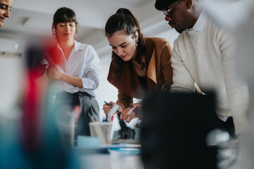 A group of professional coworkers collaborate on a project during a business meeting in a modern...