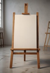 Rustic wooden easel legs support a pristine blank canvas ,  vintage,  texture,  supplies