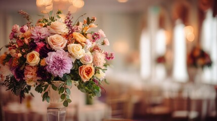 Large bouquet of mixed flowers displayed on a reception table with blurred background