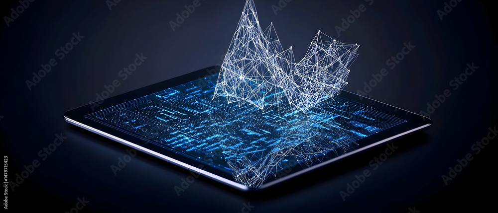Poster digital tablet displaying abstract data visualization