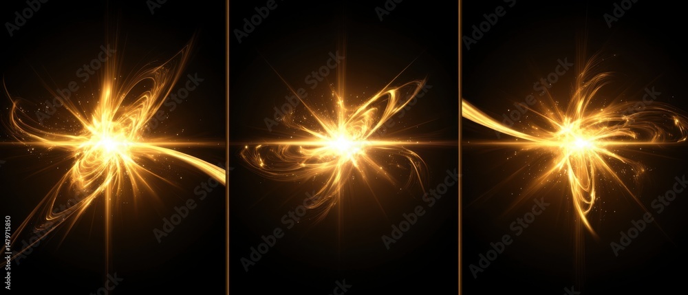 Poster golden light bursting in triptych abstract design on black background artful sparks and swirls graph