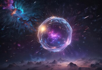 Shimmering iridescent particles float in a cosmic nebula of light , rays, magic