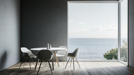 Modern dining area with ocean views, a peaceful space.