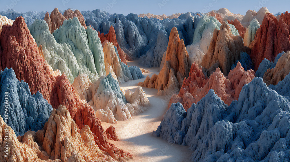 Poster a 3d rendering of a surreal alien landscape with bizarre formations and vibrant colors, sparking ima