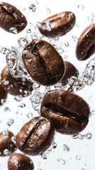 Obraz premium Freshly Roasted Coffee Beans Falling into Water Creating a High-Speed Splash and Droplets.