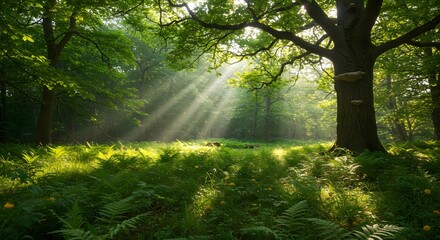 Obraz premium Sunbeams Filtering Through a Lush Green Forest