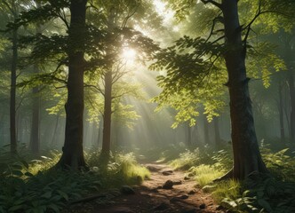 Dense forest with sunlight dappling through leaves, twig, bush, branch