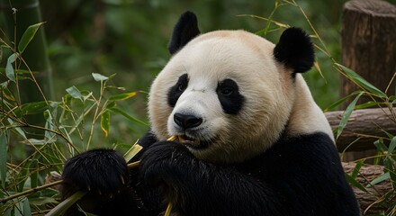 Fototapeta premium Majestic Giant Panda Enjoying Bamboo in Lush Forest