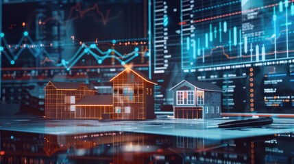 Miniature houses sit beneath glowing data charts, reflecting on a shiny surface