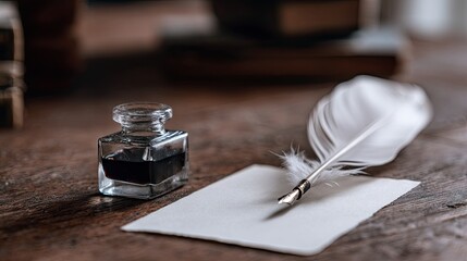 Minimalist desk scene with white feather, square glass ink bottle, and a single sheet of calligraphy paper