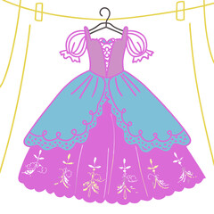 Colorful princess dress hanging on a line against a white background  