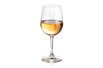 A clear wine glass filled with a light golden liquid against a stark black background in a studio shot