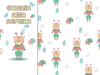 Seamless childish pattern with little deers. Forest pattern with cute woodland animals, mushrooms, and flora. Perfect for kids design, fabric, baby shower, textile, children room decoration.