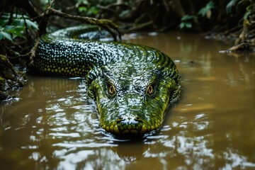 Anaconda em rio turvo na floresta amazônica, Brasil. Imagem gerada por inteligência artificial