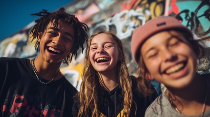 Teenagers laughing together in a city skate park, graffiti background, motion blur on one doing a trick, midday sun creating vivid contrast