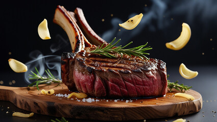 Top view tomahawk steak with dramatic lighting and dynamic floating garnish. Ideal for chef portfolios and cooking tutorials