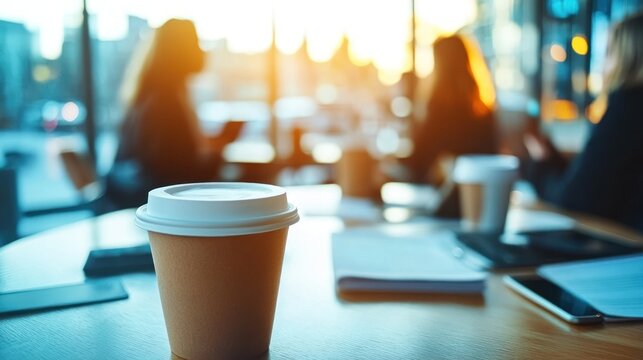 Coffee cup on table, blurred background of people working